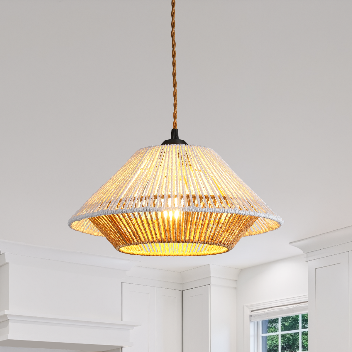 Bohemian-style rattan chandelier, 23-foot plug-in power cord, dimmable