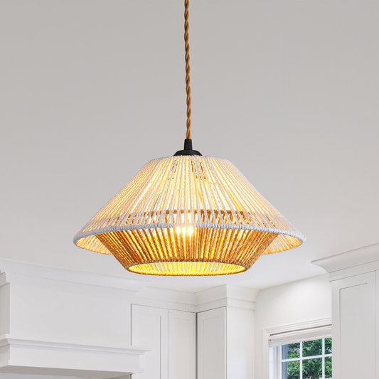 Bohemian-style rattan chandelier, 23-foot plug-in power cord, dimmable